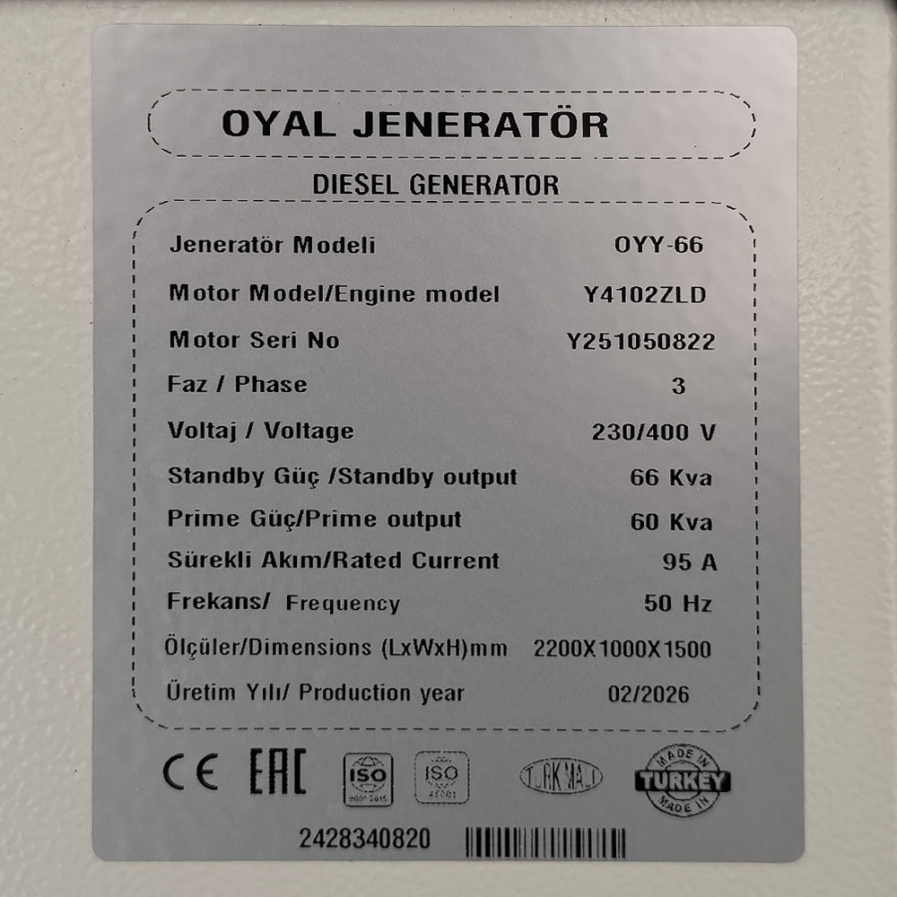 Генератор дизельный OYAL OYY-66 YANG DONG Y4102ZLD 66KVA / 52.8KW