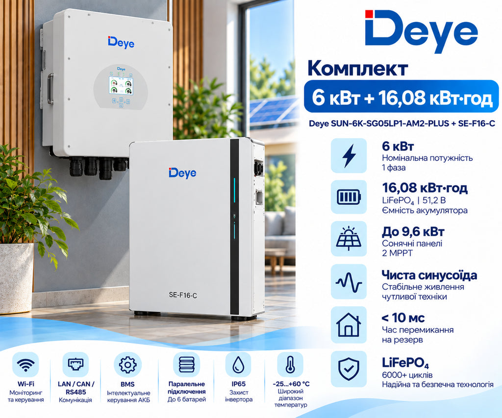 Комплект Інвертор гібриднийDeye SUN-6K-SG05LP1-AM2-PLUS (6 кВт, 1 фаза, 2 МРРТ, LV)+батарея Deye SE-F16-C 314Ah (16 кВт)