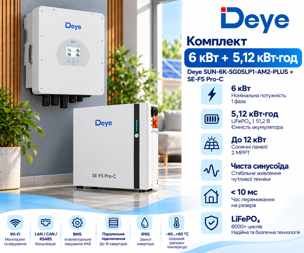 Комплект Інвертор гібриднийDeye SUN-6K-SG05LP1-AM2-PLUS (6 кВт, 1 фаза, 2 МРРТ, LV)+акумулятор (батарея) Deye SE-F5 R+Pri-C