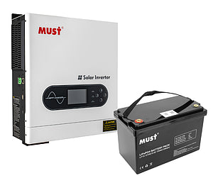 Комплект резервного живлення інвертор MUST PV18-1512 VPM II 1,5 кВт + акумулятор MUST LP15-12100 LiFePO4 12,8 В 100 А·год.