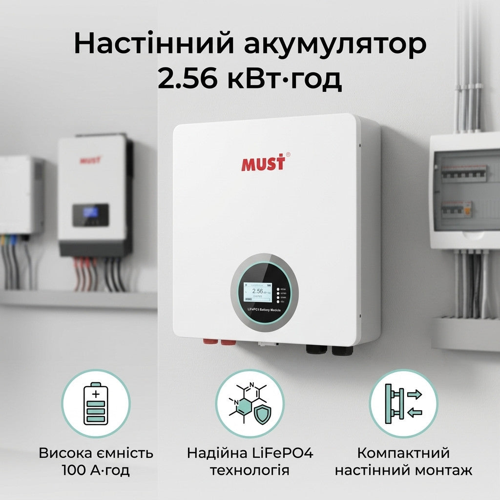 Комплект резервного живлення інвертор MUST PV19-4024 EXP 4 кВт + 2 акумулятори LP16-24100 LiFePO4.  5,12 кВт·год